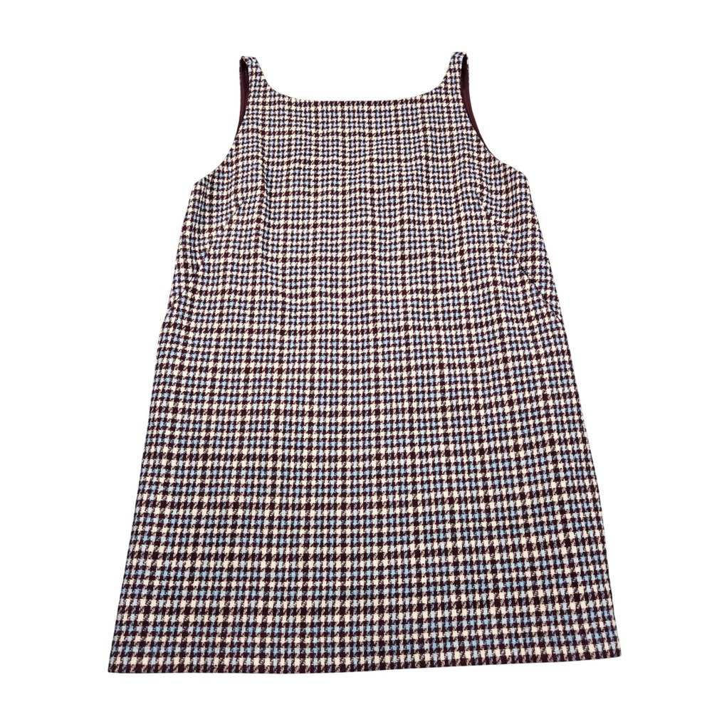 Rebecca Taylor Shift Dress Womens 12 Burgundy Blue Wool Blend Houndstooth
